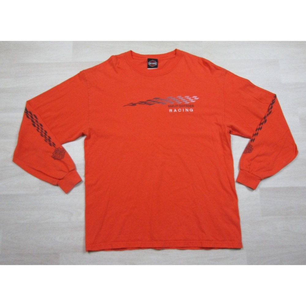 Vintage Y2K Harley Davidson Racing Long Sleeve T-Shirt (L) Flames Flag Biker